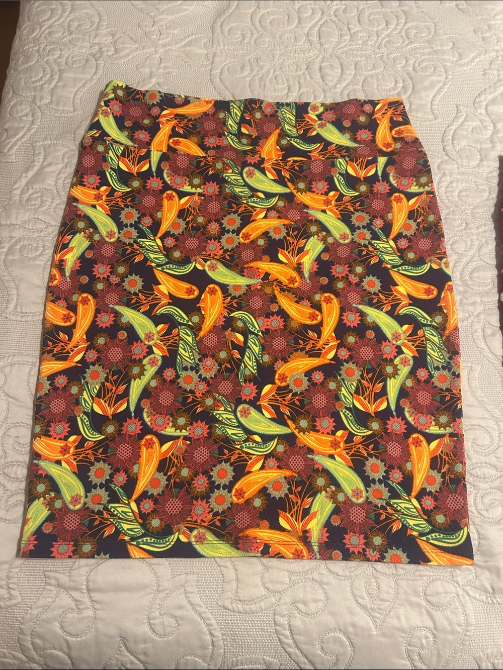 LuLaRoe Cassie Pencil Skirt in Black with Orange and Lime Green Floral Motif